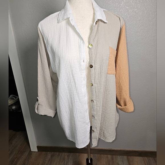 Shannon Passero Colorblock Button Up Gauzy 100% Cotton Shirt.  Tan Cream.  Lg - Picture 2 of 13
